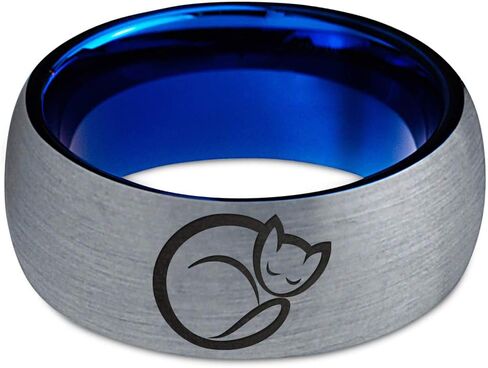 Cat Love Cats Lover Kitten Kitty Feline Ring - Tungsten Band 8mm - Men - Women - 18k Rose Gold Step Bevel Edge - Yellow - Grey - Blue - Black - Brushed - Polished - Wedding - Gift Dome Flat Cut in Saudi Arabia