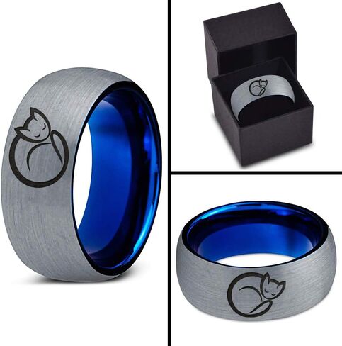 Cat Love Cats Lover Kitten Kitty Feline Ring - Tungsten Band 8mm - Men - Women - 18k Rose Gold Step Bevel Edge - Yellow - Grey - Blue - Black - Brushed - Polished - Wedding - Gift Dome Flat Cut in Saudi Arabia