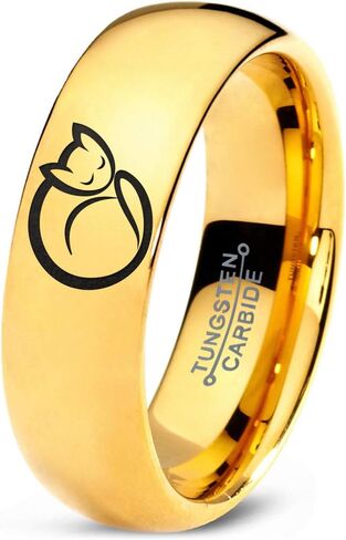 Cat Love Cats Lover Kitten Kitty Feline Ring - Tungsten Band 8mm - Men - Women - 18k Rose Gold Step Bevel Edge - Yellow - Grey - Blue - Black - Brushed - Polished - Wedding - Gift Dome Flat Cut in Saudi Arabia