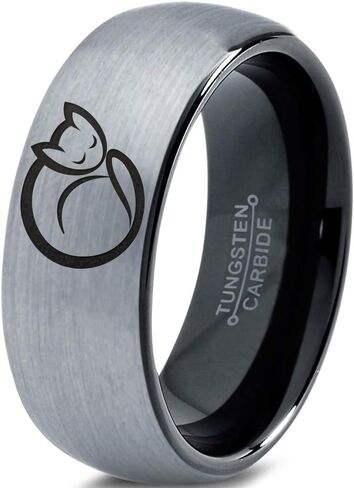 Cat Love Cats Lover Kitten Kitty Feline Ring - Tungsten Band 8mm - Men - Women - 18k Rose Gold Step Bevel Edge - Yellow - Grey - Blue - Black - Brushed - Polished - Wedding - Gift Dome Flat Cut in Saudi Arabia