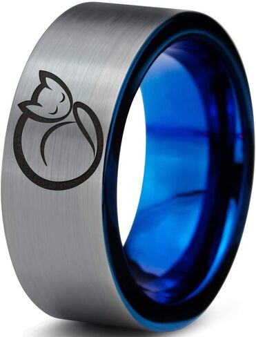 Cat Love Cats Lover Kitten Kitty Feline Ring - Tungsten Band 8mm - Men - Women - 18k Rose Gold Step Bevel Edge - Yellow - Grey - Blue - Black - Brushed - Polished - Wedding - Gift Dome Flat Cut in Saudi Arabia