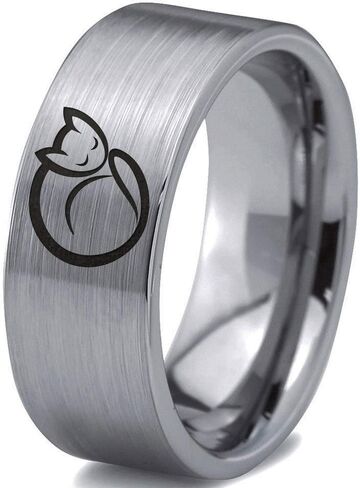 Cat Love Cats Lover Kitten Kitty Feline Ring - Tungsten Band 8mm - Men - Women - 18k Rose Gold Step Bevel Edge - Yellow - Grey - Blue - Black - Brushed - Polished - Wedding - Gift Dome Flat Cut in Saudi Arabia