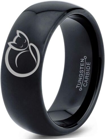 Cat Love Cats Lover Kitten Kitty Feline Ring - Tungsten Band 8mm - Men - Women - 18k Rose Gold Step Bevel Edge - Yellow - Grey - Blue - Black - Brushed - Polished - Wedding - Gift Dome Flat Cut in Saudi Arabia