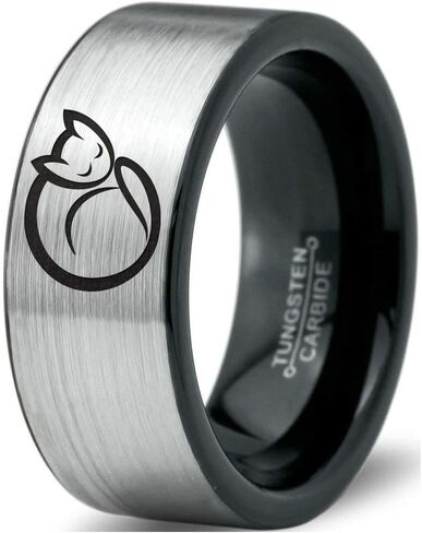 Cat Love Cats Lover Kitten Kitty Feline Ring - Tungsten Band 8mm - Men - Women - 18k Rose Gold Step Bevel Edge - Yellow - Grey - Blue - Black - Brushed - Polished - Wedding - Gift Dome Flat Cut in Saudi Arabia
