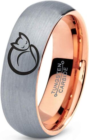 Cat Love Cats Lover Kitten Kitty Feline Ring - Tungsten Band 8mm - Men - Women - 18k Rose Gold Step Bevel Edge - Yellow - Grey - Blue - Black - Brushed - Polished - Wedding - Gift Dome Flat Cut in Saudi Arabia