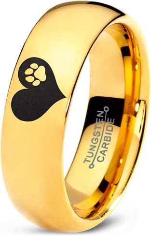 Paw Print Heart Shaped Ring - Tungsten Band 8mm - Men - Women - 18k Rose Gold Step Bevel Edge - Yellow - Grey - Blue - Black - Brushed - Polished - Wedding - Gift Dome Flat in Saudi Arabia