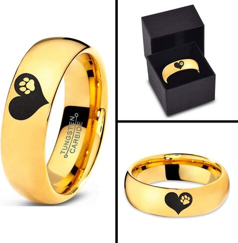 Paw Print Heart Shaped Ring - Tungsten Band 8mm - Men - Women - 18k Rose Gold Step Bevel Edge - Yellow - Grey - Blue - Black - Brushed - Polished - Wedding - Gift Dome Flat in Saudi Arabia