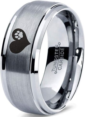 Paw Print Heart Shaped Ring - Tungsten Band 8mm - Men - Women - 18k Rose Gold Step Bevel Edge - Yellow - Grey - Blue - Black - Brushed - Polished - Wedding - Gift Dome Flat in Saudi Arabia