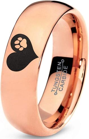 Paw Print Heart Shaped Ring - Tungsten Band 8mm - Men - Women - 18k Rose Gold Step Bevel Edge - Yellow - Grey - Blue - Black - Brushed - Polished - Wedding - Gift Dome Flat in Saudi Arabia