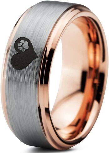 Paw Print Heart Shaped Ring - Tungsten Band 8mm - Men - Women - 18k Rose Gold Step Bevel Edge - Yellow - Grey - Blue - Black - Brushed - Polished - Wedding - Gift Dome Flat in Saudi Arabia