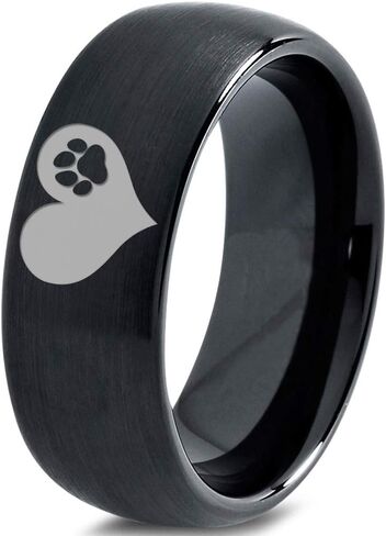 Paw Print Heart Shaped Ring - Tungsten Band 8mm - Men - Women - 18k Rose Gold Step Bevel Edge - Yellow - Grey - Blue - Black - Brushed - Polished - Wedding - Gift Dome Flat in Saudi Arabia