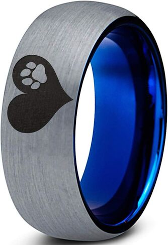 Paw Print Heart Shaped Ring - Tungsten Band 8mm - Men - Women - 18k Rose Gold Step Bevel Edge - Yellow - Grey - Blue - Black - Brushed - Polished - Wedding - Gift Dome Flat in Saudi Arabia