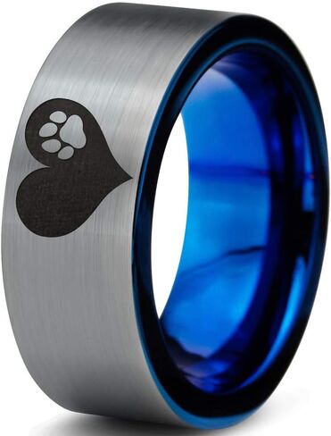 Paw Print Heart Shaped Ring - Tungsten Band 8mm - Men - Women - 18k Rose Gold Step Bevel Edge - Yellow - Grey - Blue - Black - Brushed - Polished - Wedding - Gift Dome Flat in Saudi Arabia