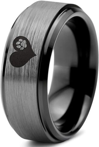 Paw Print Heart Shaped Ring - Tungsten Band 8mm - Men - Women - 18k Rose Gold Step Bevel Edge - Yellow - Grey - Blue - Black - Brushed - Polished - Wedding - Gift Dome Flat in Saudi Arabia