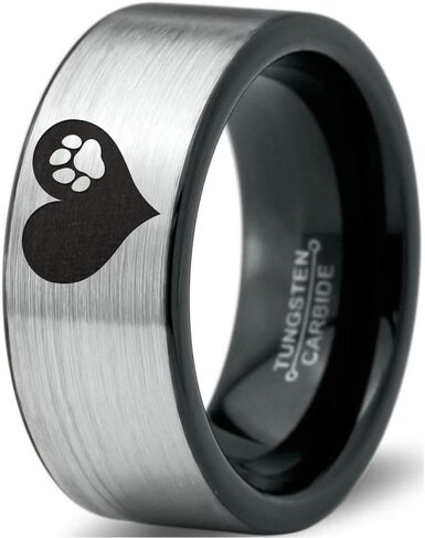 Paw Print Heart Shaped Ring - Tungsten Band 8mm - Men - Women - 18k Rose Gold Step Bevel Edge - Yellow - Grey - Blue - Black - Brushed - Polished - Wedding - Gift Dome Flat in Saudi Arabia