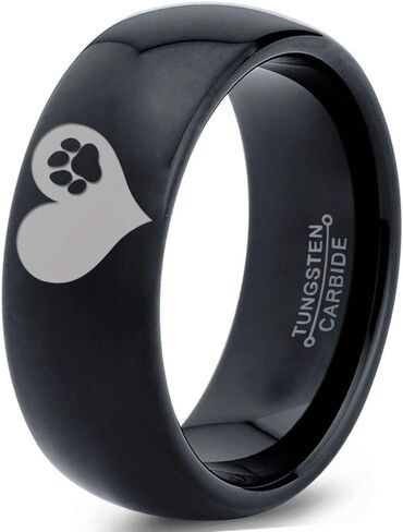 Paw Print Heart Shaped Ring - Tungsten Band 8mm - Men - Women - 18k Rose Gold Step Bevel Edge - Yellow - Grey - Blue - Black - Brushed - Polished - Wedding - Gift Dome Flat in Saudi Arabia