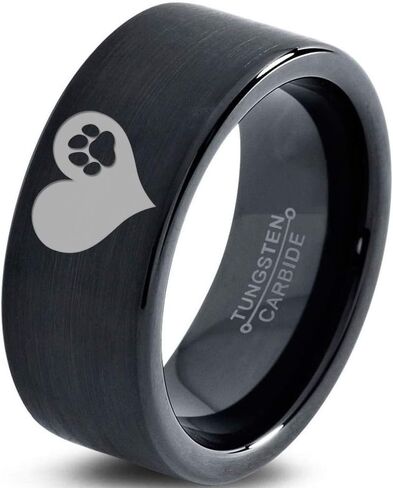 Paw Print Heart Shaped Ring - Tungsten Band 8mm - Men - Women - 18k Rose Gold Step Bevel Edge - Yellow - Grey - Blue - Black - Brushed - Polished - Wedding - Gift Dome Flat in Saudi Arabia