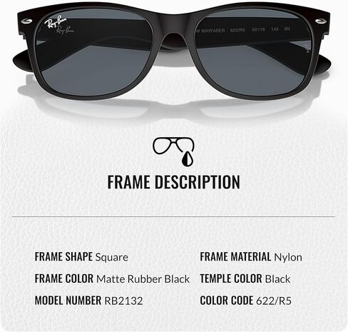 نظارات شمسية Ray-Ban RB2132 NEW WAYFARER CLASSIC مربعة الشكل غير مستقطبة للرجال - تتضمن مجموعة نظارات RAYBAN الرسمية - نظارات شمسية مثالية للارتداء الرسمي والعادي - عدسة زرقاء in Kuwait