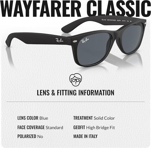 نظارات شمسية Ray-Ban RB2132 NEW WAYFARER CLASSIC مربعة الشكل غير مستقطبة للرجال - تتضمن مجموعة نظارات RAYBAN الرسمية - نظارات شمسية مثالية للارتداء الرسمي والعادي - عدسة زرقاء in Kuwait