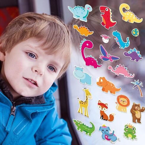Window Clings Stickers for Kids Window Gel Clings Decals Thick Gel Clings Toddlers and Adults Classroom Home Nursery Airplane Birthday Party Supplies (Jungle Animals+Dinosaur) in Saudi Arabia