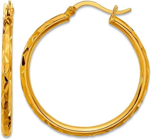 24k Polished Faceted 2 X 26.5mm With 18k Solid Yellow Gold Post Hoop Earrings 28x26.3mm Wide 2mm Thick Hoop Earring for Women in Saudi Arabia