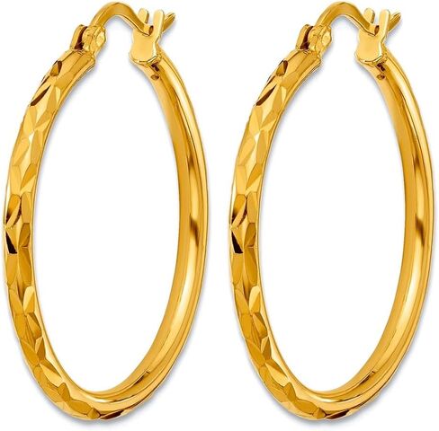 24k Polished Faceted 2 X 26.5mm With 18k Solid Yellow Gold Post Hoop Earrings 28x26.3mm Wide 2mm Thick Hoop Earring for Women in Saudi Arabia