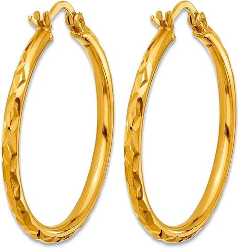 24k Polished Faceted 2 X 26.5mm With 18k Solid Yellow Gold Post Hoop Earrings 28x26.3mm Wide 2mm Thick Hoop Earring for Women in Saudi Arabia