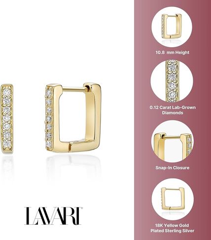 Lavari Jewelers Lab Grown Diamond Square Huggie Hoop Earrings for Women - 18k Yellow Gold Plated 925 Sterling Silver Sleek and Modern Earrings for Her (F-G, VS1-VS2, 0.126 cttw) Snap-In Hinged Hoops in Saudi Arabia