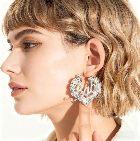 Silver Plated Bamboo Hoop Earrings, Large Round Heart-Shaped Design, Retro 80s/90s Ghetto Door Knocker Style, Bold Hip Hop Statement Jewelry for Women in Saudi Arabia
