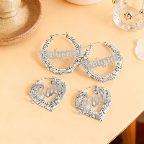 Silver Plated Bamboo Hoop Earrings, Large Round Heart-Shaped Design, Retro 80s/90s Ghetto Door Knocker Style, Bold Hip Hop Statement Jewelry for Women in Saudi Arabia