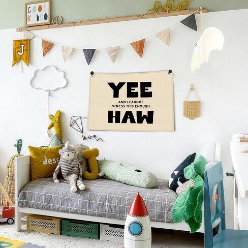 MKYFHSVGD Funny Western Cowboy Banner Canvas Wall Hanging, Western Boho Room Decor, Yee and I Cannot Stress This Enough Haw Wall Art Decor Hanging Banner Flag for Home Bedroom, 20x30 Inch in Saudi Arabia