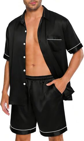Swomog Men Silk Satin Satin Pajamas Short Sleeve PJS Set Button Down Down Sleepwear Soft Lounge مجموعة ليلية مع جيوب in Saudi Arabia
