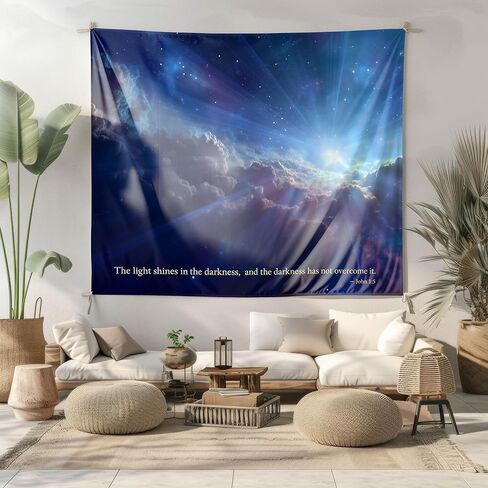 Elmsfell Christian Bible Verse Tapestry John 1:5" - The Light Shines in The Darkness, Inspirational Scripture Wall Art, Religious Heavenly Clouds Decor for Church, Living Room (50x60) in Saudi Arabia