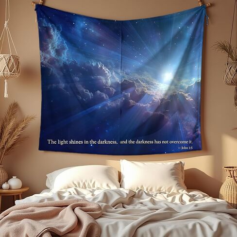 Elmsfell Christian Bible Verse Tapestry John 1:5" - The Light Shines in The Darkness, Inspirational Scripture Wall Art, Religious Heavenly Clouds Decor for Church, Living Room (50x60) in Saudi Arabia