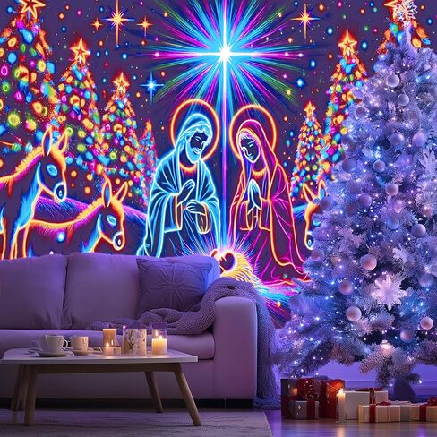 BlissYard Neon Nativity Christmas Blacklight Tapestry UV Reactive Glow in the Dark Religious Wall Hanging Holy Family Donkeys Christmas Trees Holiday Decoration for Bedroom Living Room 78x59 Inch in Saudi Arabia