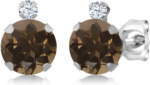 Gem Stone King 925 Sterling Silver Brown Smoky Quartz and White Created Sapphire Earrings For Women (1.68 Cttw, Round 6MM) in Saudi Arabia