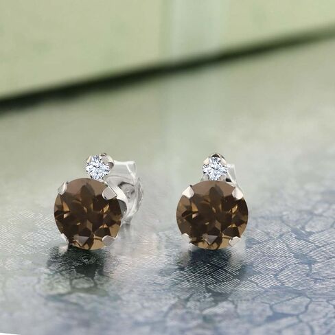 Gem Stone King 925 Sterling Silver Brown Smoky Quartz and White Created Sapphire Earrings For Women (1.68 Cttw, Round 6MM) in Saudi Arabia