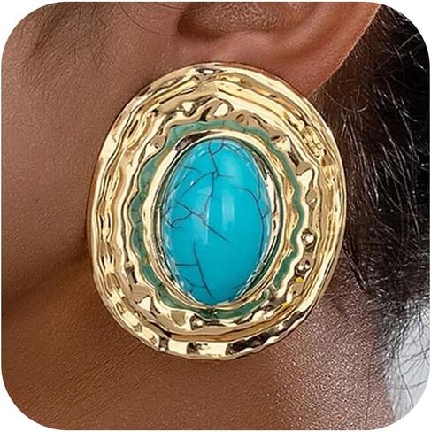Gold Western Earrings Large Gold Turquoise Earrings Natural Stone Dangly Statement Jewelry Vintage Jewelry for Women in Saudi Arabia