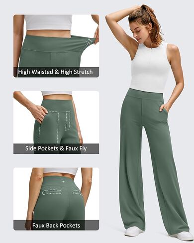 G4Free BareFeel High Stretch Wide Leg Pants for Women Soft Comfy Casual Yoga Pants with Pockets (Gray Sage,M,29") in Saudi Arabia