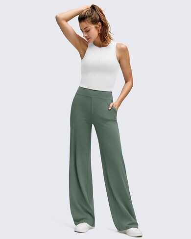 G4Free BareFeel High Stretch Wide Leg Pants for Women Soft Comfy Casual Yoga Pants with Pockets (Gray Sage,M,29") in Saudi Arabia