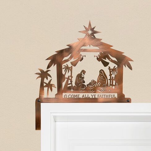 Nativity Scene Door Topper 9.84 x 9.45 inches, Nativity Christmas Door Corner, Metal Door Frame with Bright Copper Color Electroplating Process in Saudi Arabia