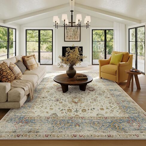 8x10 Feet Washable Vintage Bohemian Floral Area Rug - Non-Slip Foldable Floor Mat for Living Room, Bedroom, Dining Room, Kids Room, Office, Farmhouse Decor Carpet(Beige and Blue) in Saudi Arabia