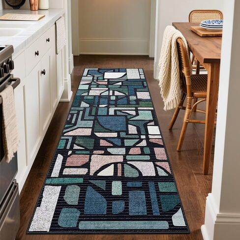DEXDE 2x6 Runner Rug Washable Modern Abstract Non Slip Low Pile Throw Rugs Soft Indoor Carpet for Hallway Kitchen Bedroom Bathroom Laundry Entrance, Bedside Living Room, Blue in Saudi Arabia