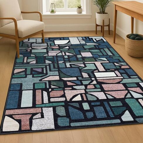 DEXDE 2x6 Runner Rug Washable Modern Abstract Non Slip Low Pile Throw Rugs Soft Indoor Carpet for Hallway Kitchen Bedroom Bathroom Laundry Entrance, Bedside Living Room, Blue in Saudi Arabia