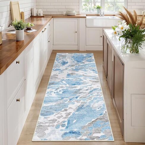 DEXDE 2x6 Runner Rug Washable Modern Abstract Non Slip Low Pile Throw Rugs Soft Indoor Carpet for Hallway Kitchen Bedroom Bathroom Laundry Entrance, Bedside Living Room, Blue in Saudi Arabia