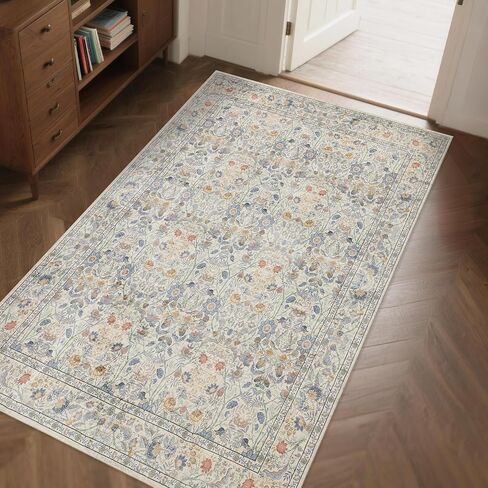 Ruicharm Washable Living Room Rug: 9x12 Boho Floral Soft Area Rug for Bedroom Decor - Vintage Low Pile Thin Carpet for Dining Room Non-Slip - Farmhouse Stain Resistant Rugs - Slate Blue in Saudi Arabia