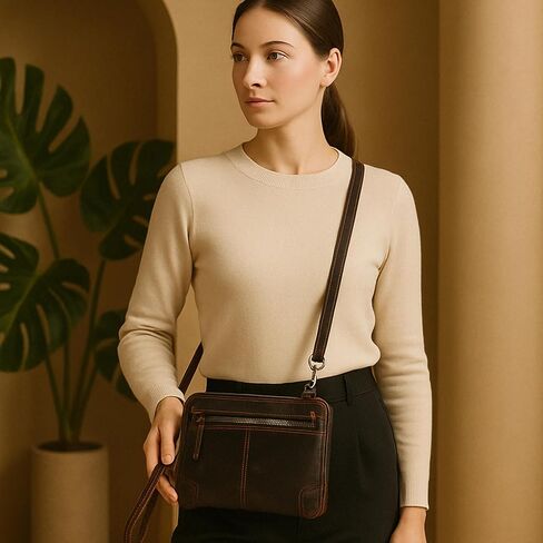 CestAntiQ Women's Leather Crossbody Purse – Small Shoulder Bag with Triple Zipper, Adjustable Wide Strap, Cell Phone & Card Holder – Stylish Travel Handbag for Women, Brown in Saudi Arabia