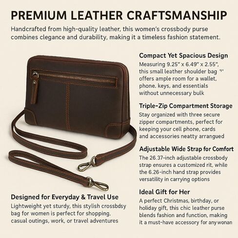 CestAntiQ Women's Leather Crossbody Purse – Small Shoulder Bag with Triple Zipper, Adjustable Wide Strap, Cell Phone & Card Holder – Stylish Travel Handbag for Women, Brown in Saudi Arabia