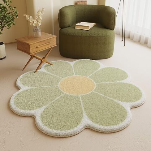 TEMBR Green Flower Shaped Rug,Cute Round Rug for Bedroom Living Room, Fluffy Circular Rug Washable Nursery Rug for Kids Room Nonslip Indoor Floor Mat for Entryway-47.2" Round in Saudi Arabia