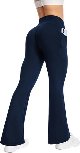 BELYQLY Women's High Waist Yoga Pants, with Side Pockets Flared Leggings, Workout Bell Bottoms in Saudi Arabia